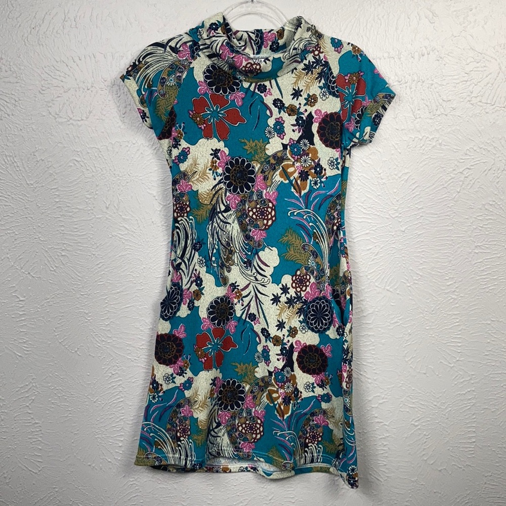 Spinter Teal Floral Print Mini Dress w/Pockets